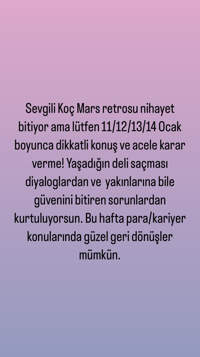 Koç burcu Mars retrosu bitmek üzere lütfen az bir zaman kala hatalı hamleler yapma. Sakin ol ve hem ruhsal hem bedensel bağışıklığını güçlü tut! Kendini motive ederek güzel kırmızıları giy öyle başla haftaya! Tam gaz