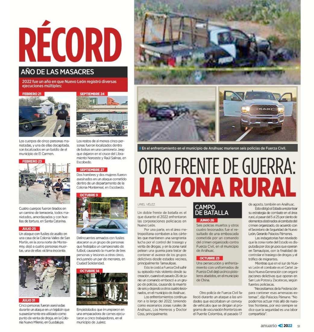 El año más violento en una década con 1,428 homicidios, de al menos ocho ejecuciones múltiples; pero también el de más casos de violencia familiar y feminicidios.

#Adios2022 #NLInseguro
#AnuarioELNORTE