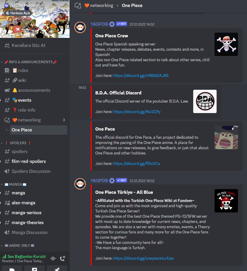 Sunucumuz, hem Discord hem de Reddit'teki en büyük One Piece topluluğu olan 𝐫/𝐨𝐧𝐞𝐩𝐢𝐞𝐜𝐞 ile partner oldu!
Sizleri de en organize Türk One Piece sunucusuna bekliyoruz.