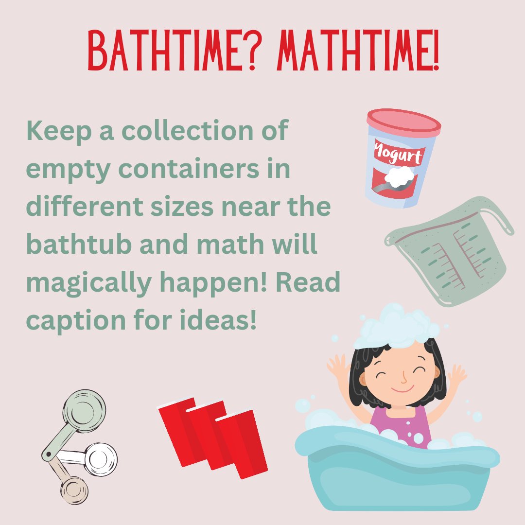 EarlyFamilyMath's tweet photo. Day 10:
How many cups of water fit in the big cup?
Which cup can hold the most water?
Pretend play…shop in the tub: you order 3 smoothies and your child pours them for you.
#earlymath #tmwyk #learningthroughplay #earlychildhoodeducation #learning #mathgames #mathstrategy https://t.co/8IqsYWOBVr