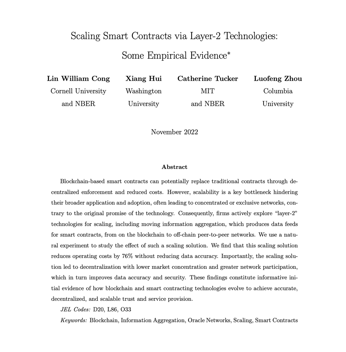 🚨#VIDEseminar with Xiang Hui <a href="/xianghui90/">Xiang Hui</a> @WUSTLbusiness

“Scaling Smart Contracts via Layer-2 Technologies: Some Empirical Evidence”

🔜 Wed, January 11, 11am New York, 5pm Berlin. Open to anyone! 

Info &amp; mailing list: digitalecon.org/seminar