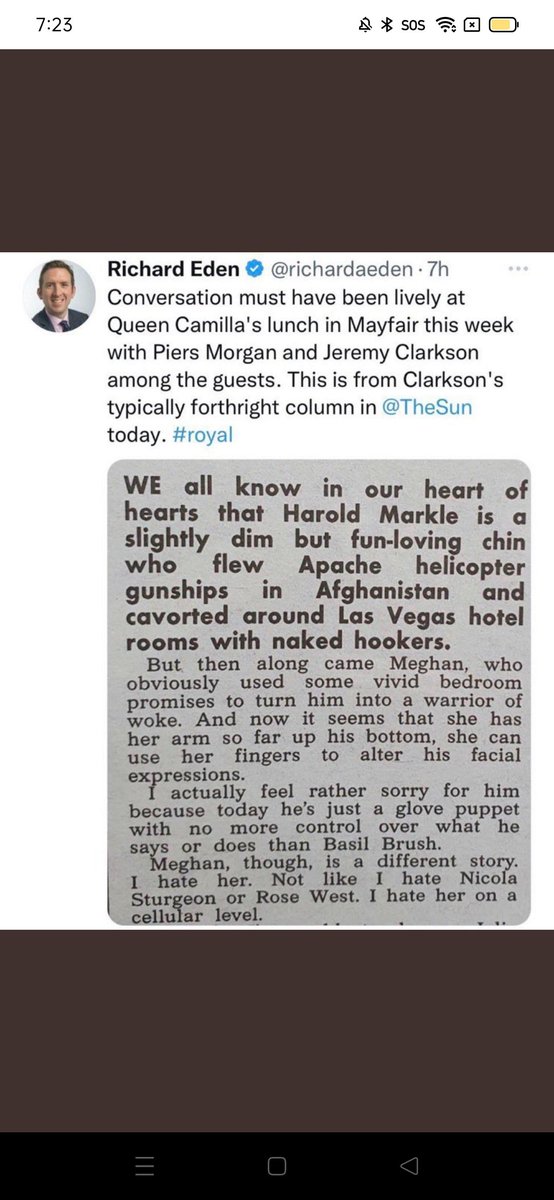 A royal reporter bragging about Camilla meeting with Clarkson days before the article
#HarryTheInterview 
#SparebyPrinceHarry 
#silenceisbetrayal