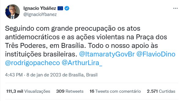 🌎 LÍDERES MUNDIAIS SE PRONUNCIAM SOBRE OS ATAQUES TERRORISTAS EM BRASÍLIA

Ignacio Ybáñez, Embaixador da União Europeia no Brasil