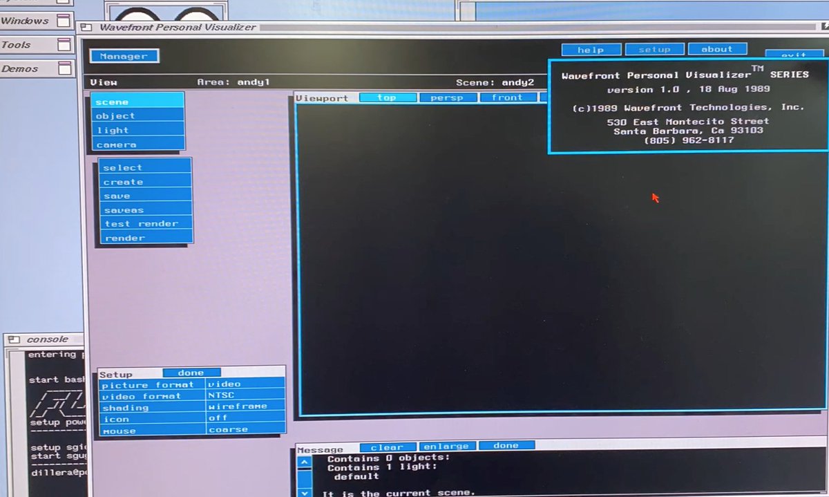 atariorbit's tweet image. Old school CGI on my SGI PowerSeries. Running Wavefront Personal Visualizer from 1998 and rendering the included space shuttle scene. Luckily this software was recently found and saved, I had the right hardware to run it. #sgi #cgi #wavefront