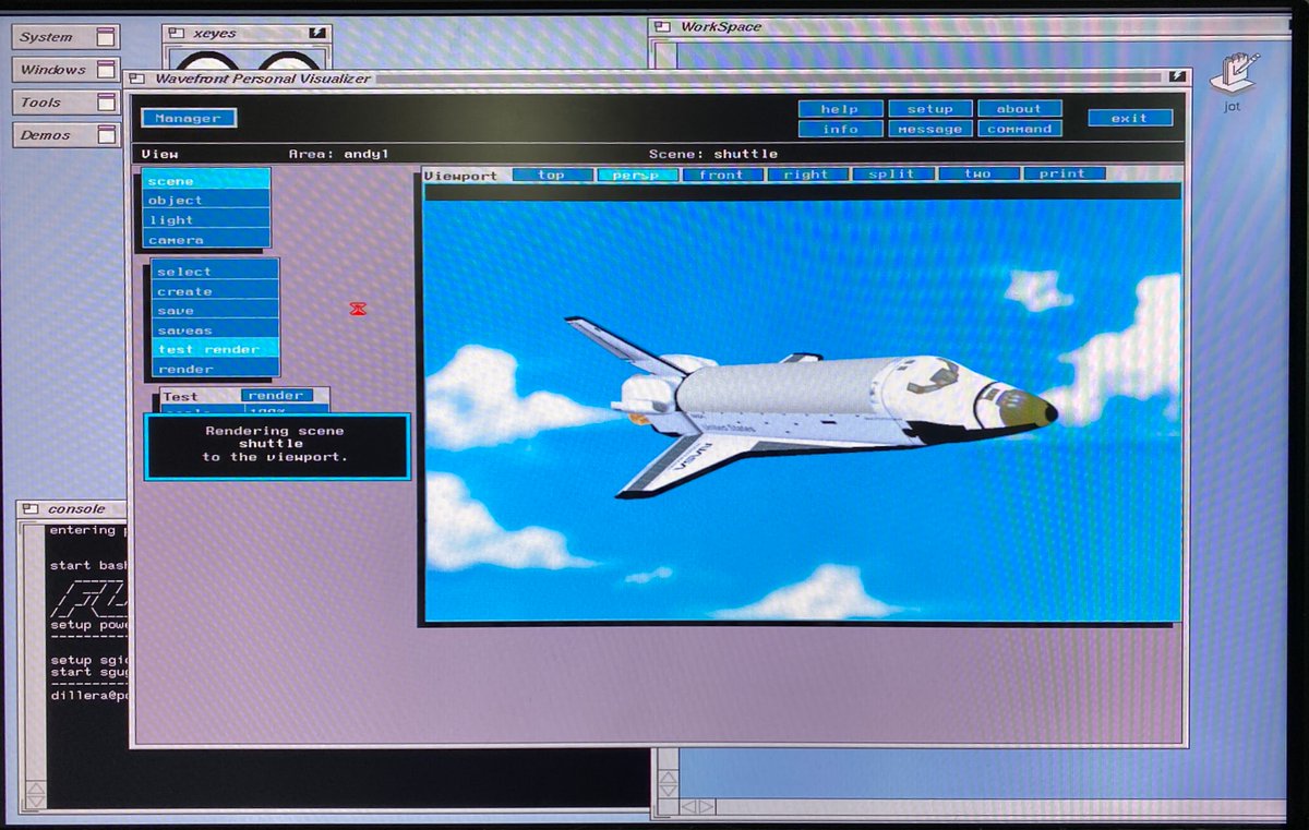 atariorbit's tweet image. Old school CGI on my SGI PowerSeries. Running Wavefront Personal Visualizer from 1998 and rendering the included space shuttle scene. Luckily this software was recently found and saved, I had the right hardware to run it. #sgi #cgi #wavefront