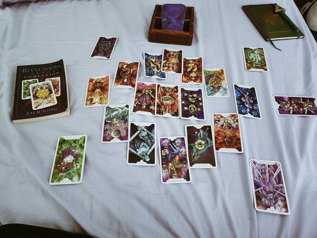 JudeMasquerade's tweet photo. I did the Divine 12 Month Spread by @yoshisquared with my Revelations Tarot deck. Wow, such a long reading! With all of these warnings and cautions, I will continue this year with a careful eye. 

I'm going to try to continue my alt account @FaeMint for tarot daily readings. https://t.co/ujGhjIimb1