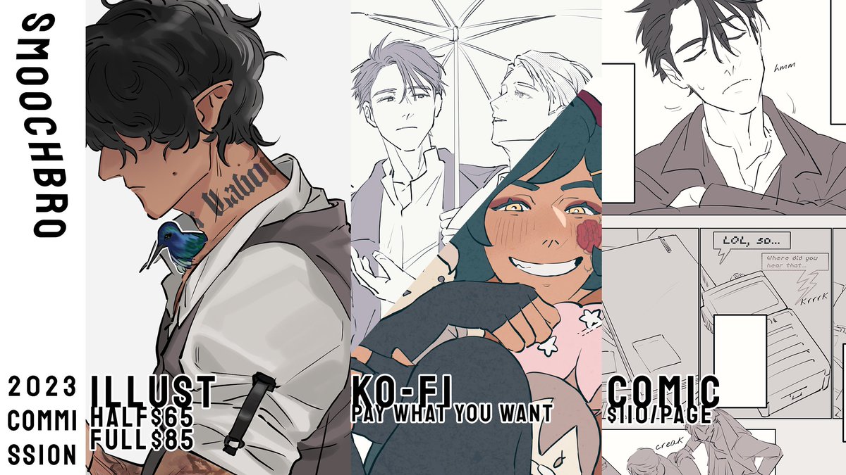 (rts appreciated 💞)
Opening commissions for 2023!! Please view my notion for more info/for the form; illust/comics have a form, ko-fi is open! details at end of thread 🕺