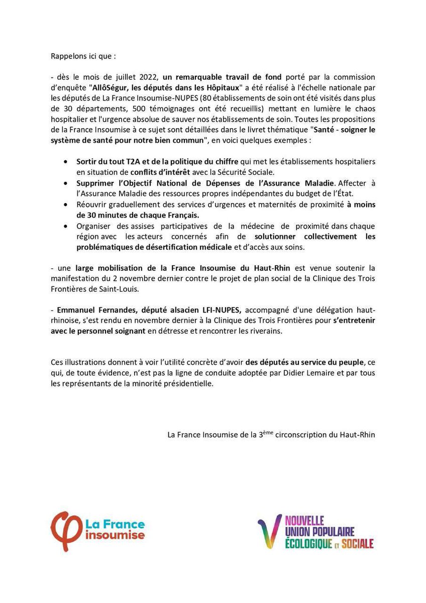 La @LFI_68 dénonce le mépris de la #ministre @agnesfirmin et du #député Didier Lemaire pour qui la #santé dans le #HautRhin (68), c’est « circulez, y’a rien à voir ». #MacronLaHonte #MacronCasseLaSanté #NUPESvaincra @EmmanFernandes @ManonAubryFr #LFIprotegeNotreSanté