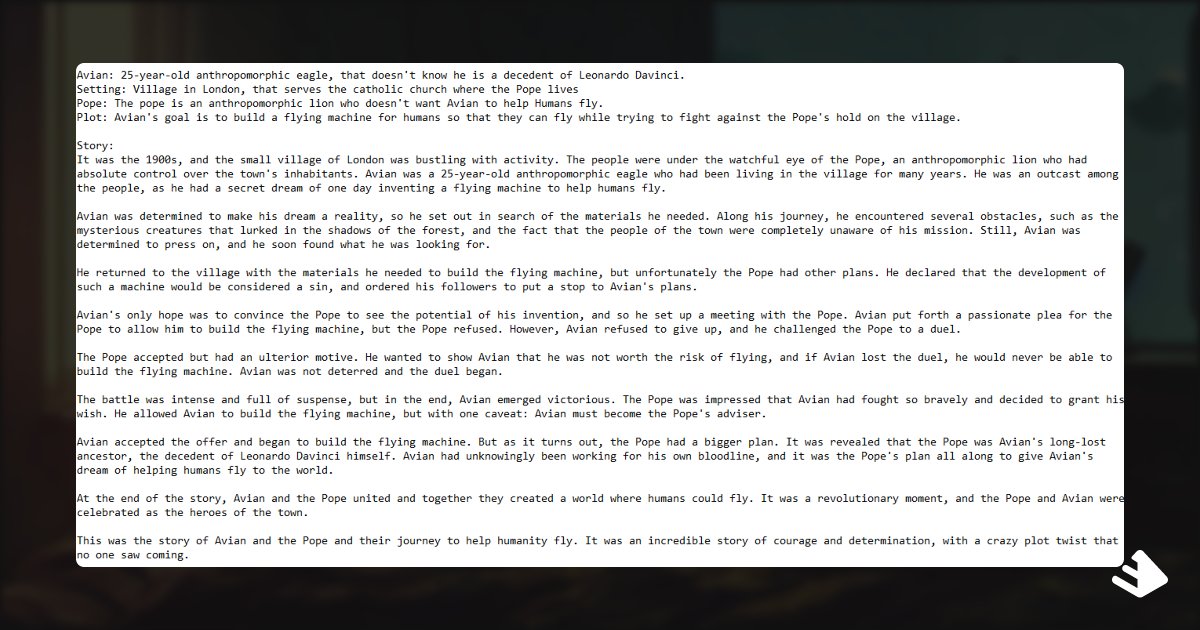 ___Sandman's tweet photo. Playing around w/ GPT-3, it's insane 🤯

It generated an entire story for me from just a few lines I gave it at the top -- everything in green is AI-generated.

cc: buildspace https://t.co/Z3zvryRgy0