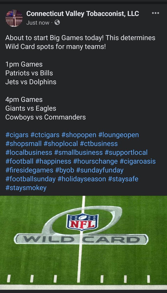 CVTobacconist's tweet image. About to start Big Games today! This determines Wild Card spots.

#cigars #ctcigars #shopopen #loungeopen #shopsmall #shoplocal #ctbusiness #localbusiness #smallbusiness #supportlocal #football #happiness #cigaroasis #byob #sundayfunday #footballsunday #StaySafe #staysmokey