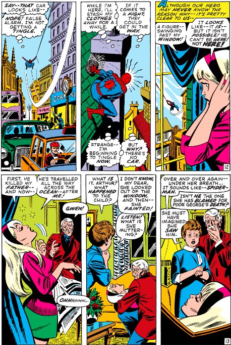 MarvelADay's tweet image. #MarvelADay #ASM95 As Spidey swings through London in search of the perpetrators, he's spotted by Gwen who promptly faints. *sigh* - VA