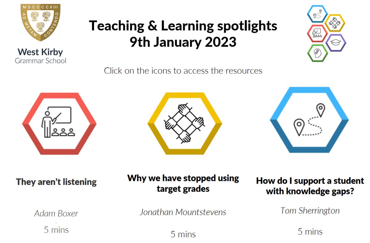<a href="/WestKirbyGS/">West Kirby Grammar School</a> T&amp;L spotlights this week looking at thinking hard about how we give instructions, the impact of target grades (&amp; removing them!) and knowledge gaps featuring <a href="/adamboxer1/">Adam Boxer</a>, <a href="/MrMountstevens/">Jonathan Mountstevens</a> and <a href="/teacherhead/">Tom Sherrington</a>.  Resources linked below...