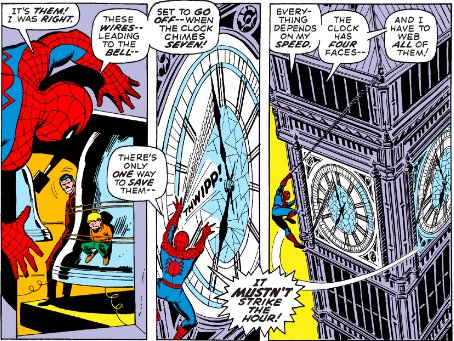 MarvelADay's tweet image. #MarvelADay #ASM95 The clue leads our hero to Big Ben where yes indeed, Herbert Knowles and his son are being held. It's not clear, but I'm guessing that the wires are attached to a bomb which will explode when the clock strikes seven. - VA