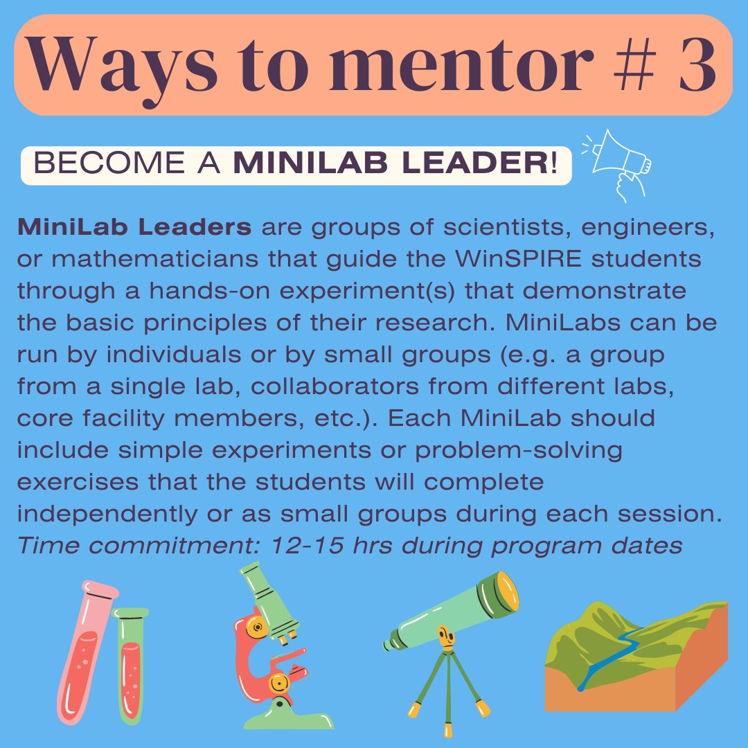Way #3 to mentor: become a MiniLab leader! 

MiniLab Leaders are groups of scientists, engineers, or mathematicians that guide the WinSPIRE students through a hands-on experiment(s) that demonstrate the basic principles of their research.