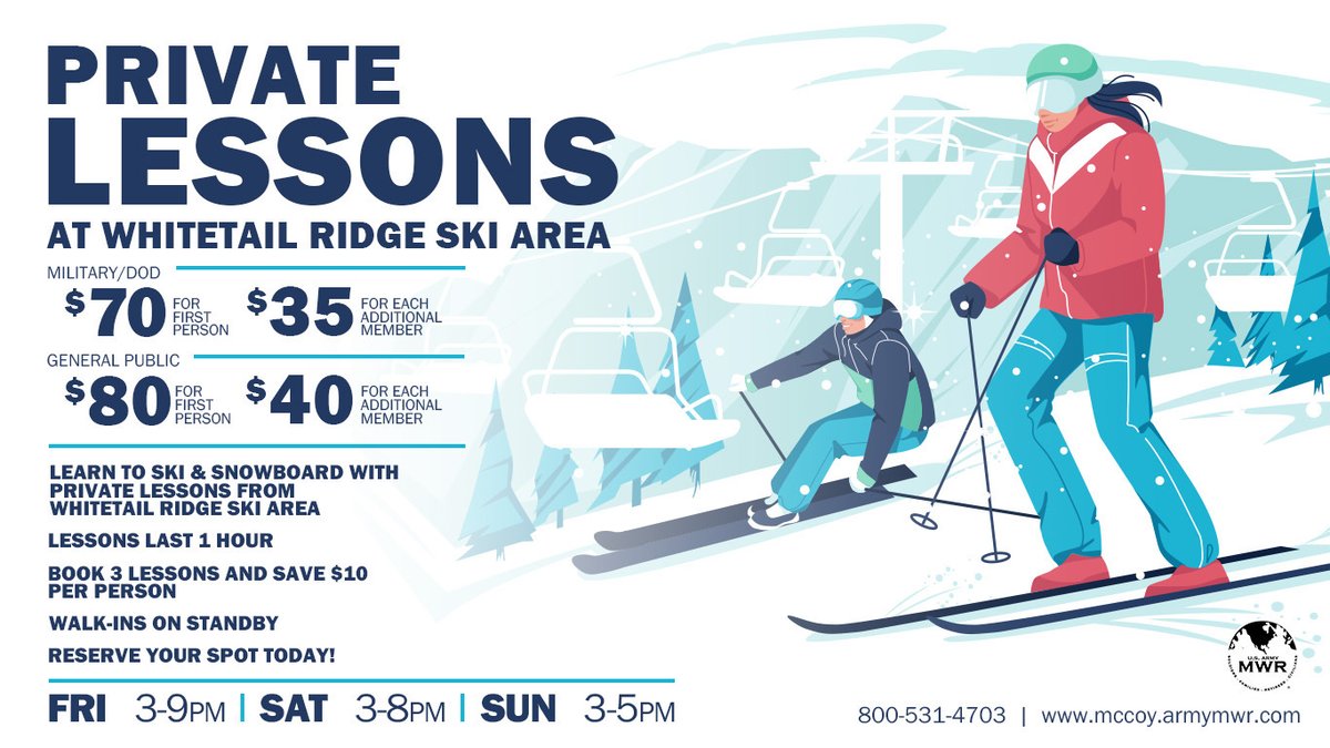 FortMcCoyMWR's tweet image. Learn to ski at Whitetail Ridge. Call 800-531-4703 to schedule your lesson. Book 3 lessons &amp;amp; save $10 per person. #WhitetailRidge @FortMcCoyMWR #LearntoSki #LearnToSnowboard @181MFTB @armyodr @86thD @88RDBlueDevils @USAGMcCoy #SoldiersFamiliesRetireesCivilians