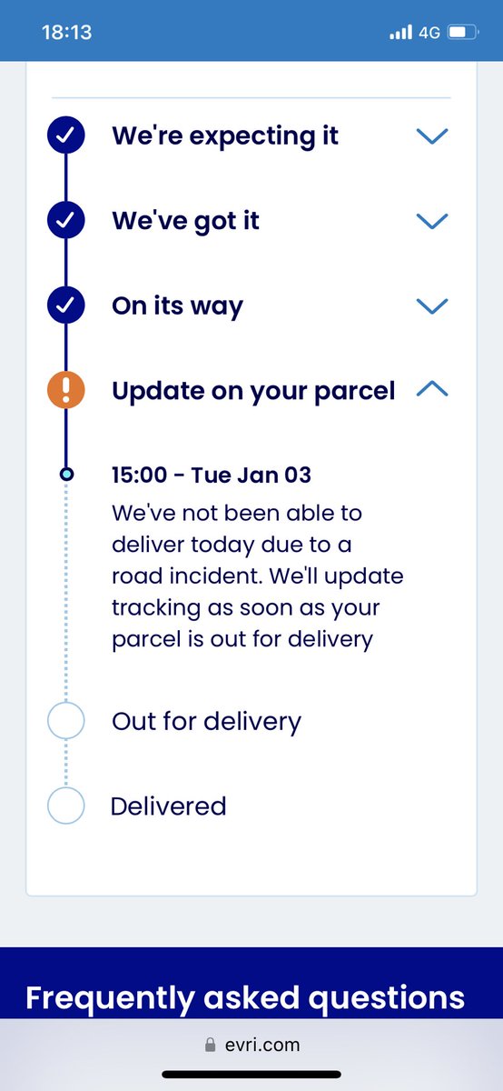 EmmaCecil_x's tweet photo. Anyone else having issues with Evri?!A road incident on Tuesday yet my @asos orders still not here and @riverisland went from on its way to delayed in a matter of hours? Tried their chat system but it’s a bot who tells me nothing I don’t already know! @EVRi_Delivery #Evri https://t.co/e0hemmvXrk