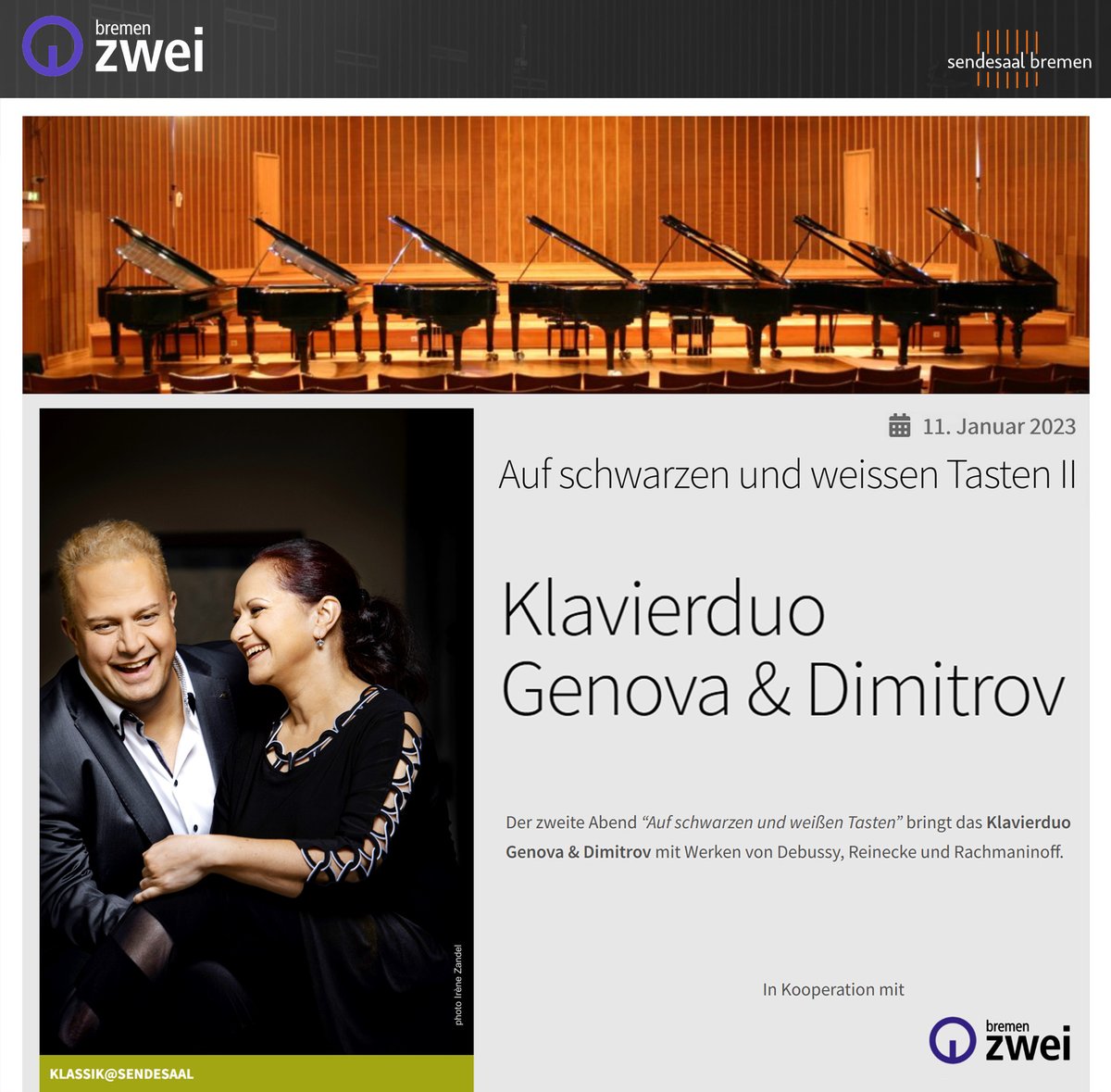 GenovaDimitrov's tweet photo. Very excited to be soon back again on stage of #RadioBremen2 Piano Festival "On black and white keys" with Debussy, Reinecke, and Rachmaninoff!🎹🎹✨
https://t.co/uhVWXiU1ap

#Bremen #konzert #recital #klassik #GenovaDimitrov #live #music #musik #pianoduo #klavierduo #duodepiano https://t.co/41aMsQVUjH