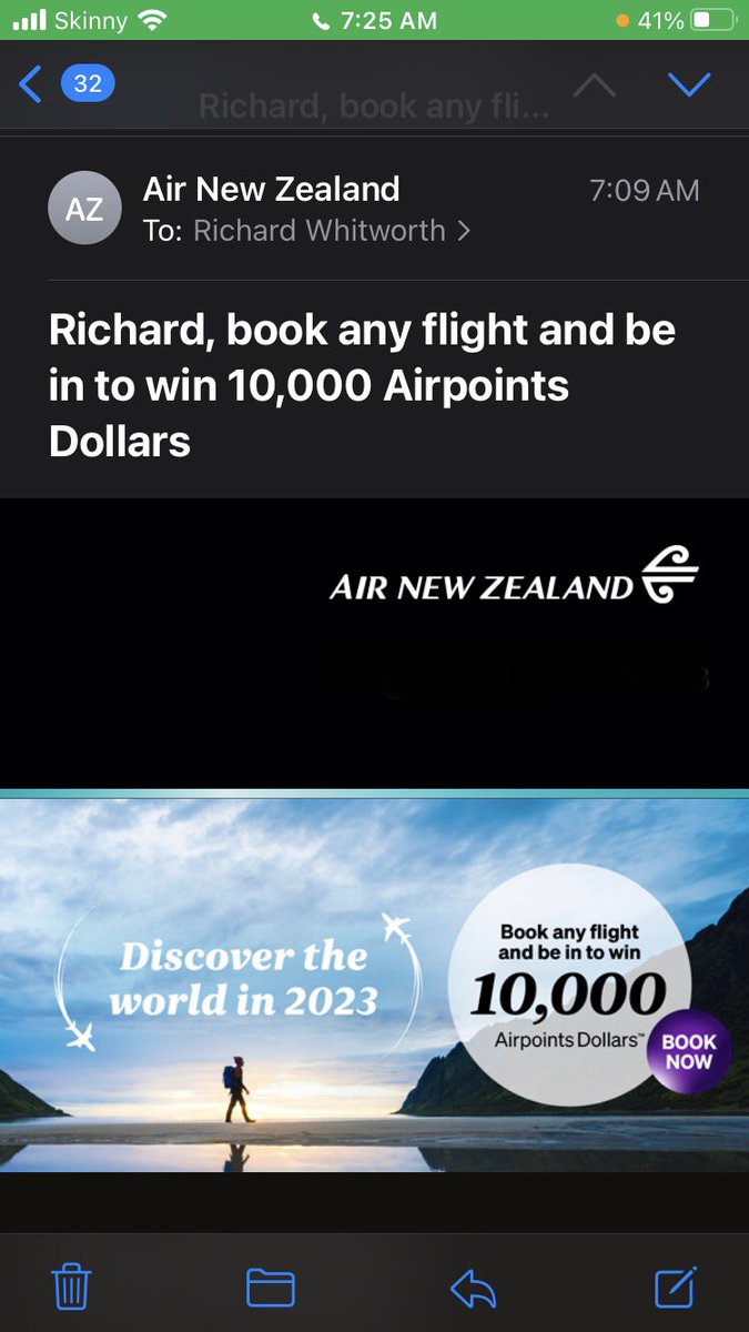 rhwhitworth's tweet photo. @FlyAirNZ — thanks for the promotional email. If I book a new flight, do I also get a chance to win my luggage arriving along with the plane? Cause that’s worth more than 10,000 Airpoints! https://t.co/nNeC9yYGUy