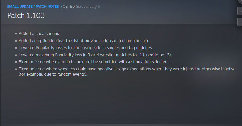 The latest update for Championship Wrestling Promoter is now live on Steam.
