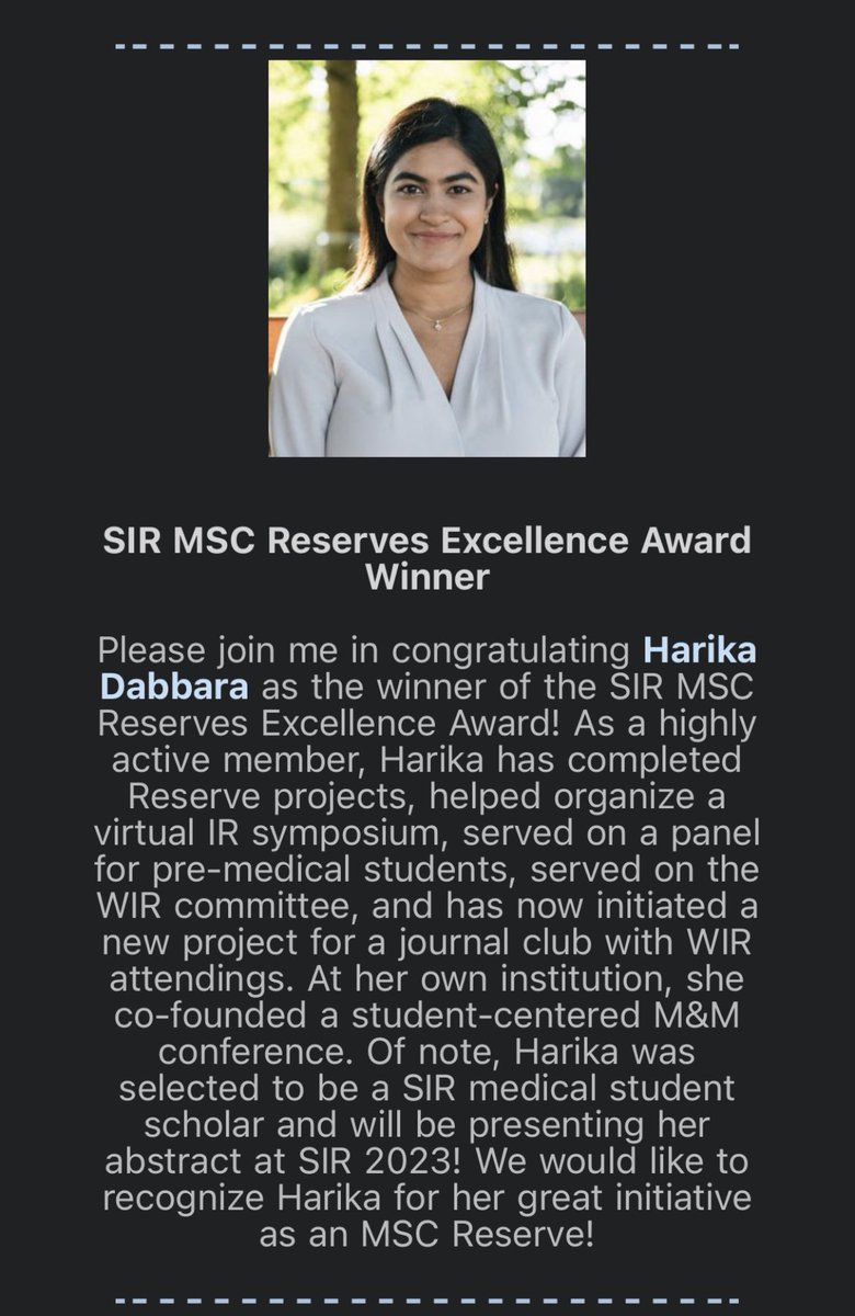 Honored to have received this year’s SIR MSC Reserves Excellence Award! Thank you SIR MSC and @SIRRFS for this recognition! 
#MedTwitter #IRads #WomeninIR