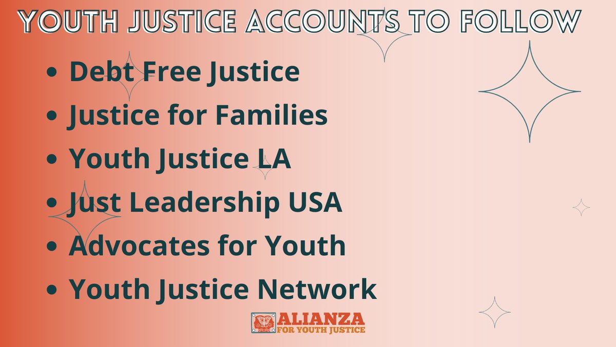 Alianza4All's tweet photo. If you want to deepen your understanding of youth justice and solidarity with system-impacted folks, please check out the following orgs:

🧡 @debtfreejustice 
🧡 @YouthJusticeLA 
🧡 @JustLeadersUSA 
🧡 @Advocates_4YJ 
🧡 @YouthJusticeNY 

#YouthJustice https://t.co/cbaxmrza3g