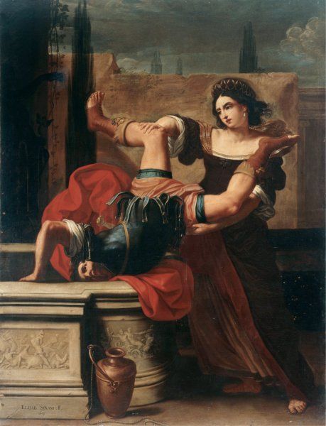 Elisabetta Sirani (B. #OTD in 1638) was the prodigy of Bologna. Here's one of my faves of hers. After raping her, Timoclea convinces a captain of Alexander the Great that she's hidden treasure inside her well. Then it's 'In you go!' #Revenge #BaroqueArt