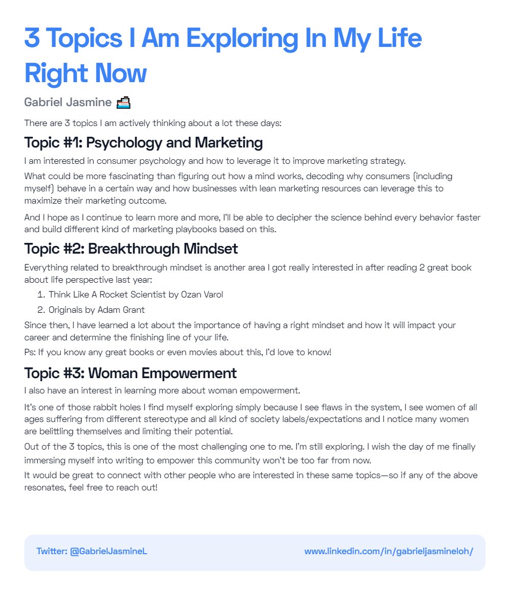 3 Topics I Am Exploring In My Life Right Now:
✨Psychology & marketing
✨Breakthrough mindset
✨Women Empowerment

If you're also interested in any of these topics, let's connect! 

#ship30for30 #marketing #mindset #consumerpsychology #womenempowerment