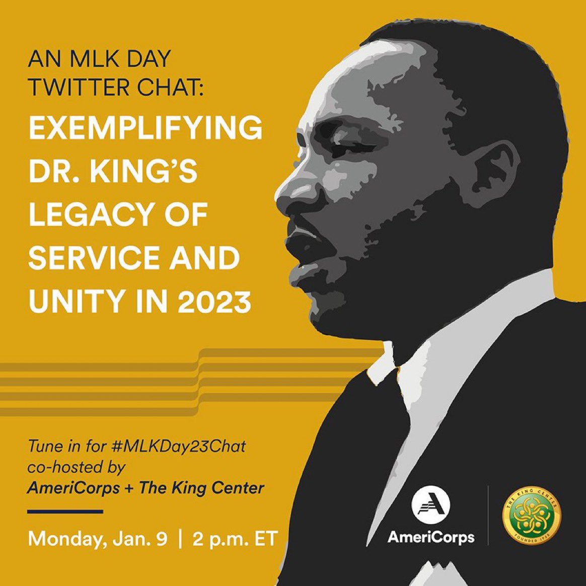 TheKingCenter's tweet photo. 🚨 #MLKDay Twitter Chat TOMORROW | 2 p.m. ET 🚨 Ready to #BeLove in 2023? Don't miss our #MLKDay23Chat co-hosted with @AmeriCorps ft. @AmeriCorpsCEO + our CEO, @BerniceKing, to find out why #MLKDay is a great day to get started! 

RT and #RSVP here: https://t.co/WJmqt9zISn https://t.co/z12zPsSiRN