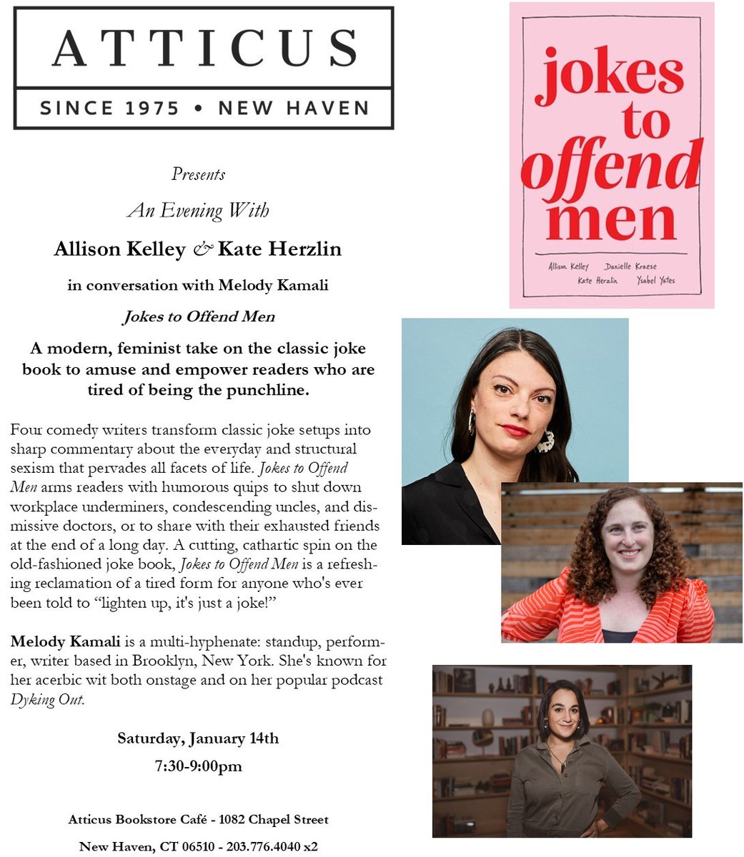 THIS SATURDAY JANUARY 14!!! 7:30pm!

Our event with the authors of Jokes to Offend Men is back on and we're so excited to have our authors, and a special guest from the podcast "Dyking Out," Melody Kamali!