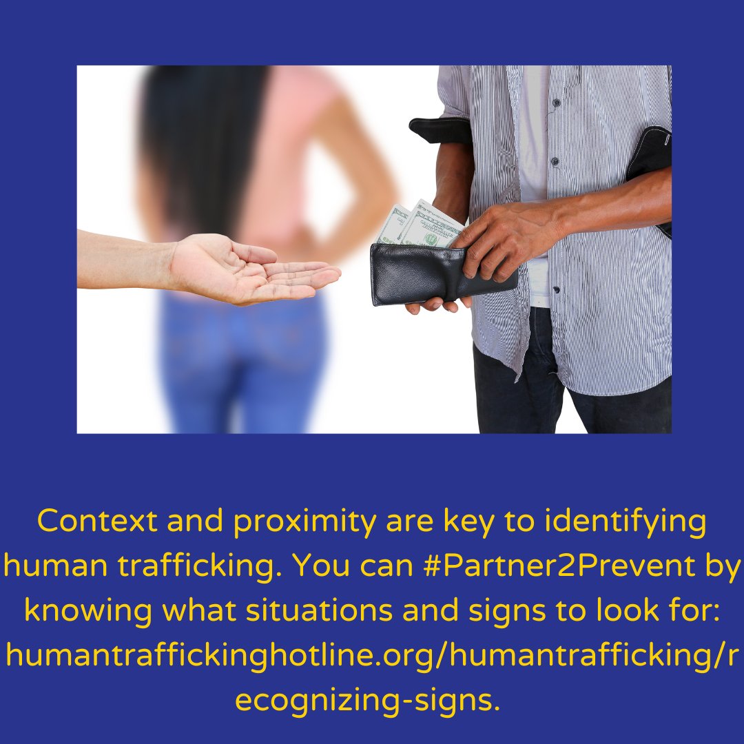 Context and proximity are key to identifying human trafficking. You can #Partner2Prevent by
knowing what situations and signs to look for: humantraffickinghotline.org/humantrafficki….

@DVACK1980 @KWU_StudentLife @KStateSalina #Partner2Prevent #EndTrafficking #HumanTrafficking