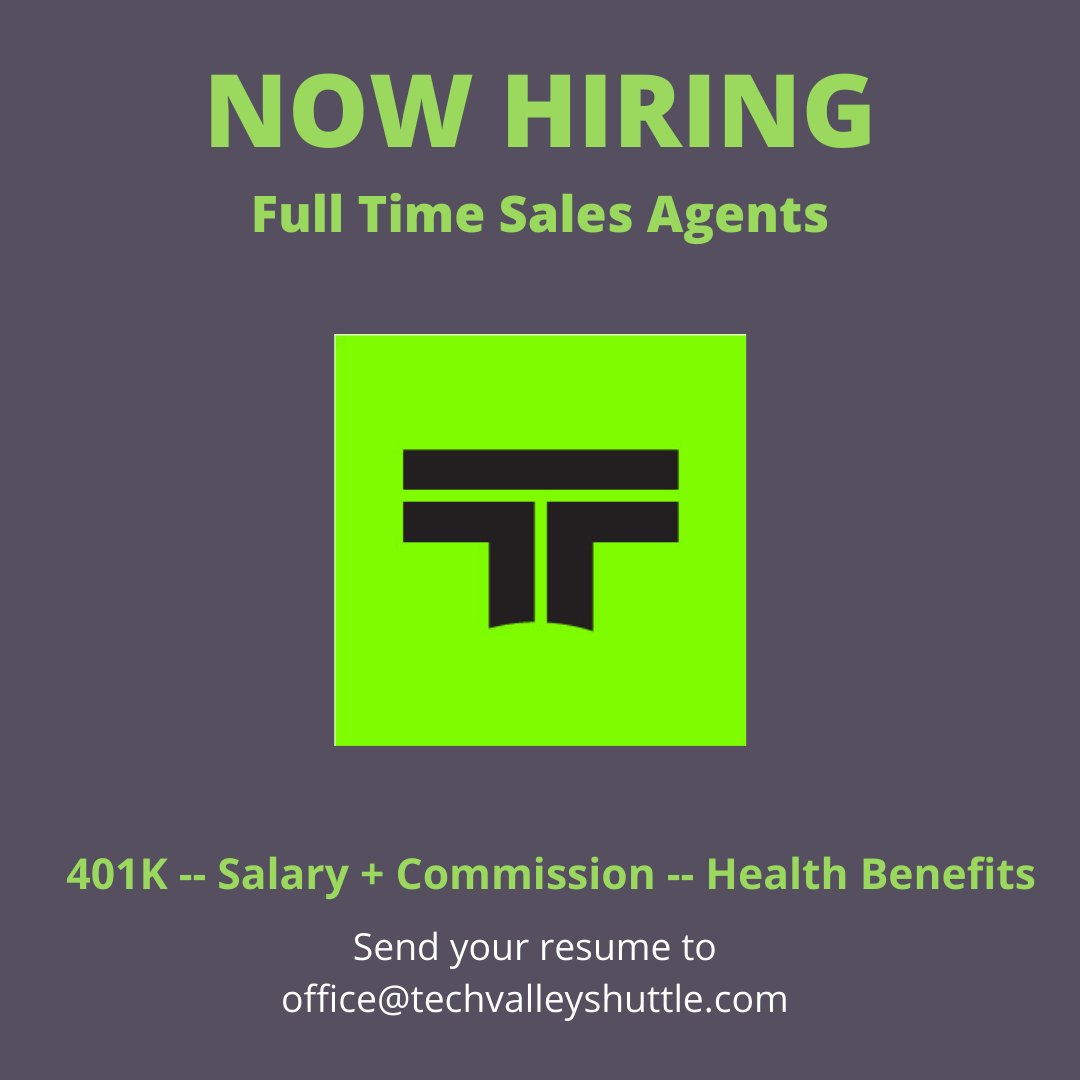 TechValeyShutle's tweet image. We are looking for talented FT Sales Agents who are driven to help others and looking to provide a positive impact to the community. #CommunityDriven #TechValleyShuttle #tvhs