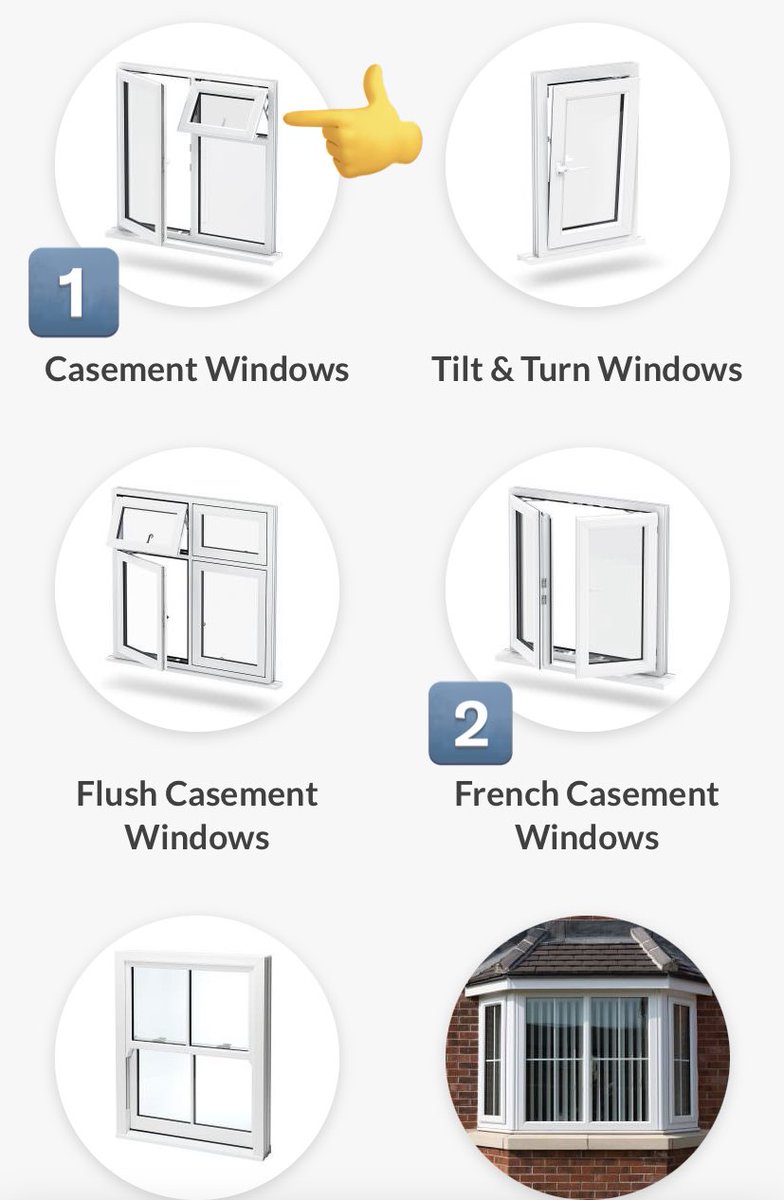 窓タイプはFrench Casement Windows (内開き・下記2番)にしたら、水平に開くタイプ(外開き・下記1番)だった最初の見積もり£3,350(53.9万円)より値上がりしてしまった。部屋の中から窓掃除できるようにしたいし、これはやむを得ない。。(引用先: https://t.co/ZTM1kcZqpQ この会社は私の依頼とは無関係) 