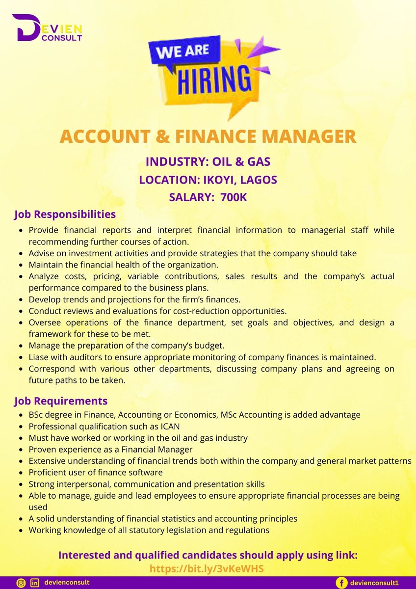 We are #hiring ACCOUNT & FINANCE MANAGER
INDUSTRY:  OIL & GAS

Interested and qualified candidates should apply using link: bit.ly/3vKeWHS 

#accountant #accountingjobs #lagosjobs #oilandgas