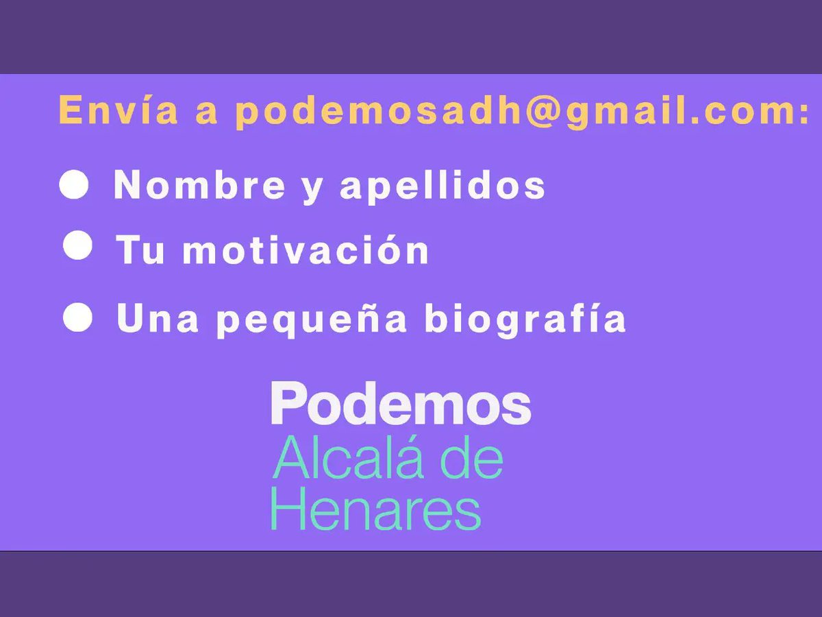 PodemosAdH's tweet photo. ‼️ Desde el día lunes 9 de enero de 2023 a las 00:00 hasta el jueves 12 de enero hasta las 23:59 se abre el plazo de presentación de candidaturas a cabeza de lista en Alcalá de Henares ‼️ https://t.co/XtT40RdHAa