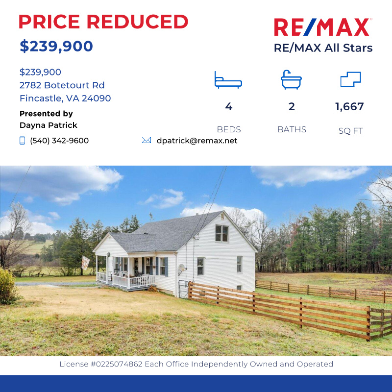 PatrickTeam's tweet image. Darling home on 1.35 Acres with a stream, located 3 miles north of Fincastle with easy 4-lane access to Roanoke and Covington areas. Great/s...

Click here for details:
remax.com/VA/FINCASTLE/h…