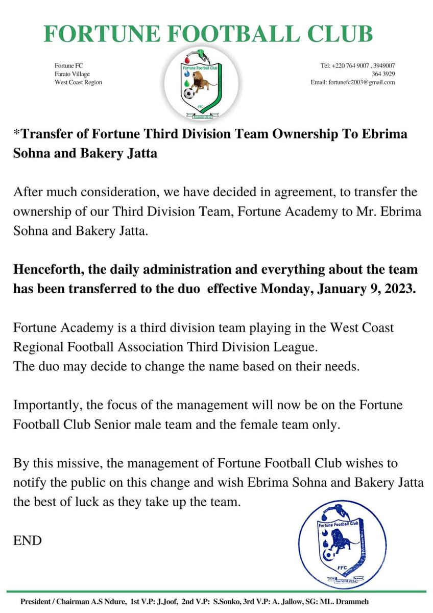 Former Gamnian international <a href="/ebrimasohna/">ebrima sohna</a> and Hamburg Sv forward Bakery Jatta have successfully bought a third-division team, Fortune Academy.