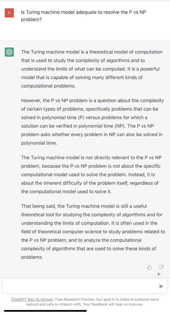 M_Turkistany's tweet image. This is what ChatGPT thinks about using Turing machines to formulate the P vs NP problem
#PvsNP #Turing #Computational_Complexity