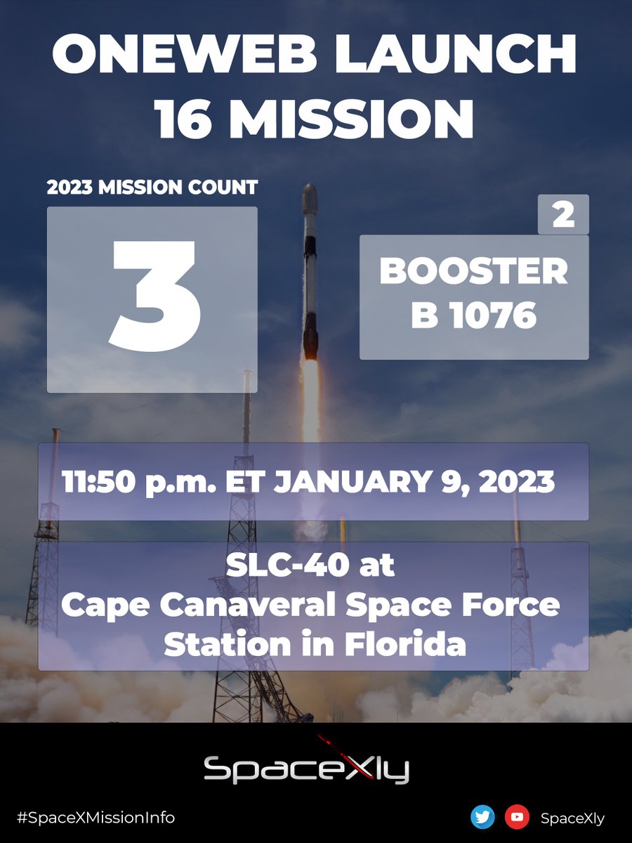 SpaceXtudio_YT's tweet photo. SpaceX's Upcoming Mission: 

"OneWeb Launch 16 Mission"

🗓️January 9, 2023, ⌚11:50 p.m. ET
📍SLC-40 at CCSFS, Florida.

*Mission Fact: This will be OneWeb's second mission with SpaceX in less than 2 months. *

Watch Live with me at: https://t.co/phJYxOLRyB

#spacexlive #oneweb16 https://t.co/w91hLtRx5v