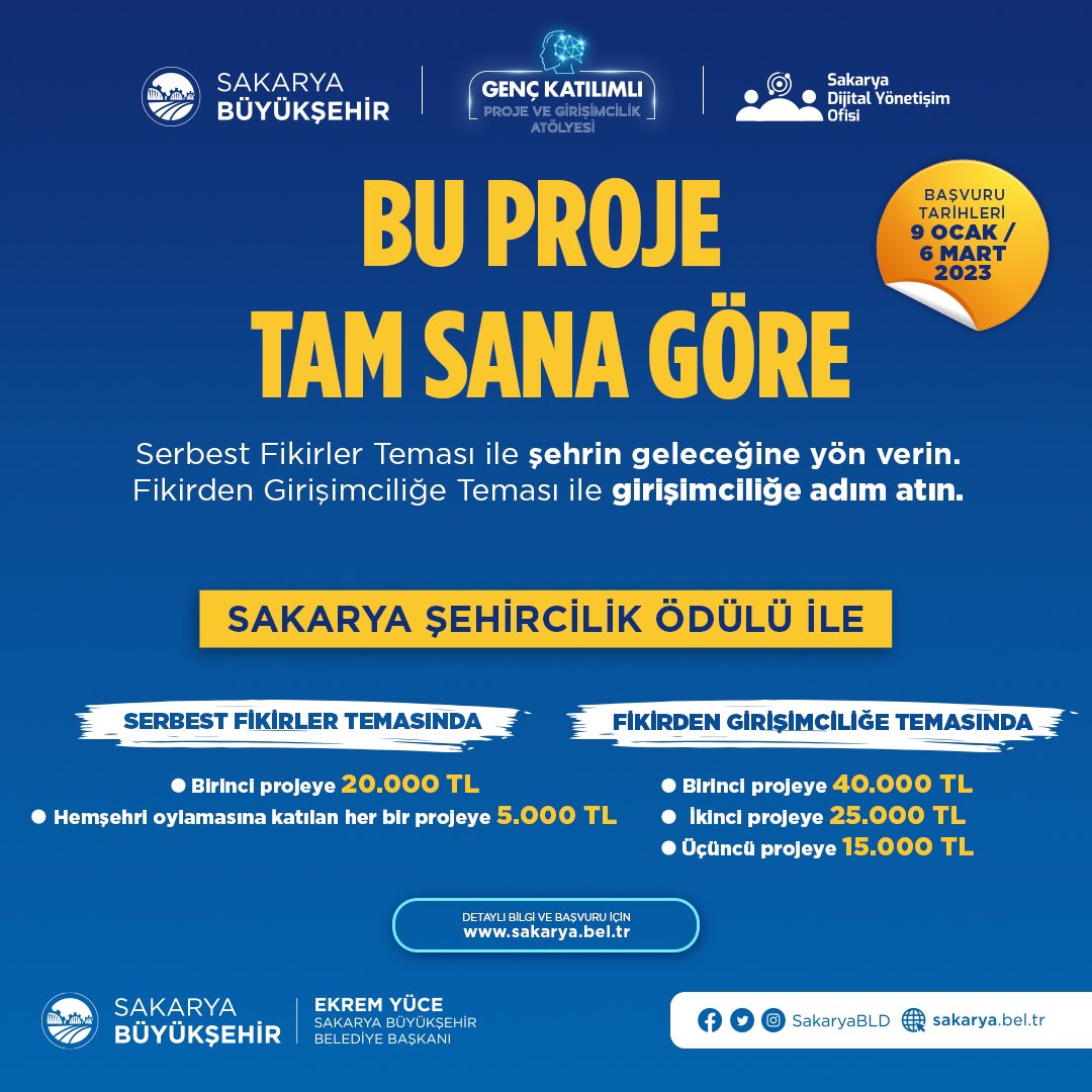 Sakaryabld's tweet photo. ✨Bu Proje Tam Sana Göre✨

📍Serbest Fikirler Teması ile şehrimizin geleceğine yön verin 🤩
📍Fikirden Girişimciliğe Teması İle Girişimciliğe Adım Atın 🤩

Başvurular 9 Ocak/6 Mart arasında yapılacaktır. 

Başvuru ve Detaylı Bilgi;
🌐⤵️
https://t.co/aMkzP8vL5Y https://t.co/raCoS4d0ds
