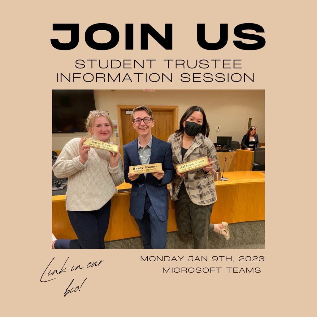 Join us tomorrow at 4:30PM if you are a current grade 10/11 student (or parent) considering to run for the 2023/2024 student trustee term! Ask questions and learn more about the position, what it takes, and your responsibilities!

Meeting link: shorturl.at/koFO9