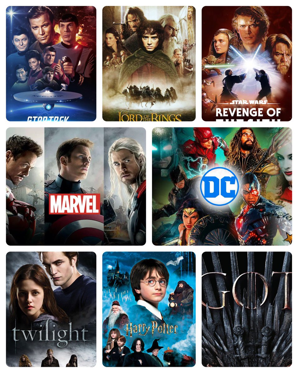 Don’t wanna start a war on here, just curious … which franchise has the most obsessed fan base? (Movies -> not Comics or Books) #moviefranchise #movies #movie #disney #dcfcfans #marvelfans #harrypotter #startrek #GameofThrones #twilight #lordoftherings #LOTR #starwars