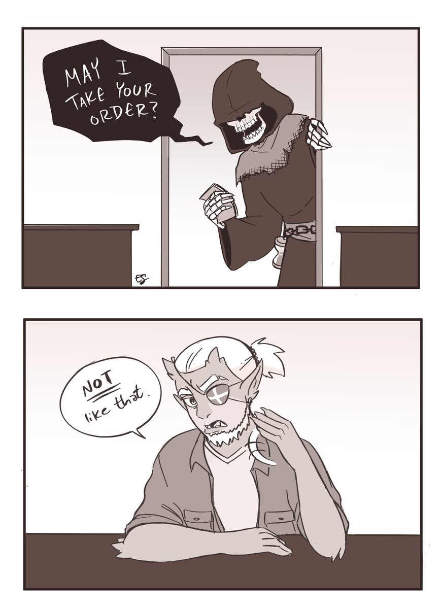 I spent some time working on concepts of some of G.R.'s earlier forms last month. One of my patrons requested a sketch of Beans critiquing the approachability of one of G.R's early forms for the café, so here's a little scene pre-cafe opening 😅
#grimcafecomic 