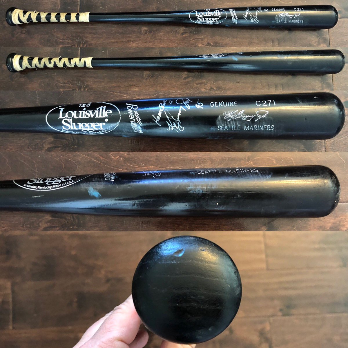 Ken Griffey Jr bat used in 1995 to hit a home run off Patrick Mahomes Sr. at the Metrodome.  #kengriffeyjr #mahomes #griffey #mariners #metrodome #gameused