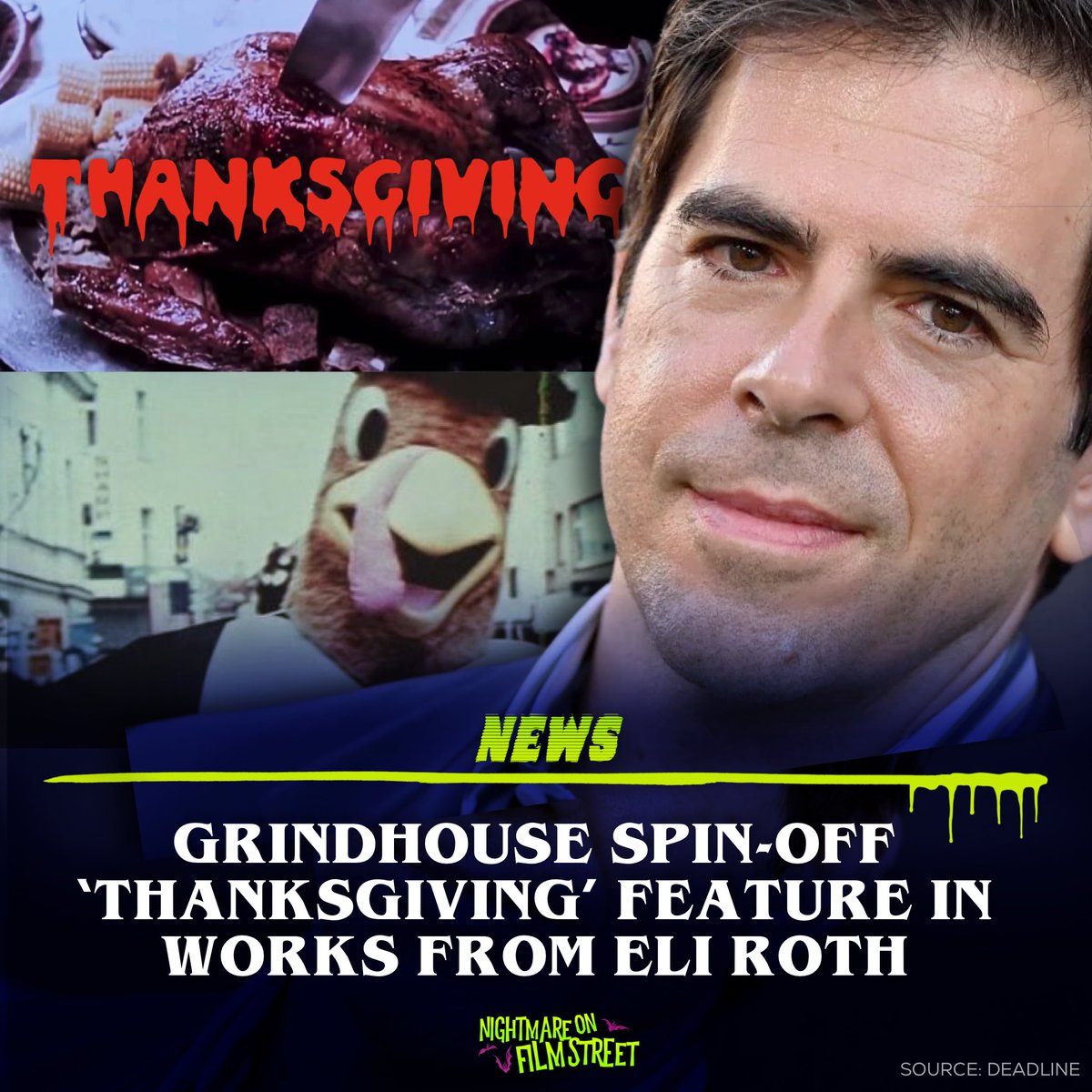 NOFSpodcast's tweet photo. After 15 years, Eli Roth’s rumoured THANKSGIVING feature confirmed by Deadline! The film is a spin-off of Robert Rodriguez/Quentin Tarantino’s GRINDHOUSE (2007), having first appeared as a fictitious trailer.

Production to begin this March. https://t.co/XhaqftGsa6