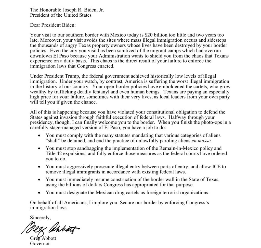 Today, I met with President Biden during his first visit to the border.

I hand-delivered a letter asking him to do his constitutional duty to secure our border and keep Texans — and Americans — safe. 

Full letter: bit.ly/OOGbl
