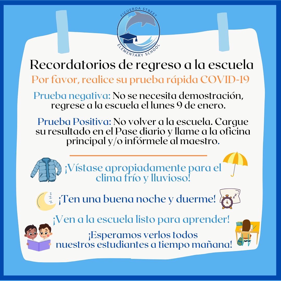 🤩Hello Figueroa Families! Just a few reminders to get everyone ready for school tomorrow. ⏰ We are excited to see all of our students bright and early in the morning! ☀️☔️