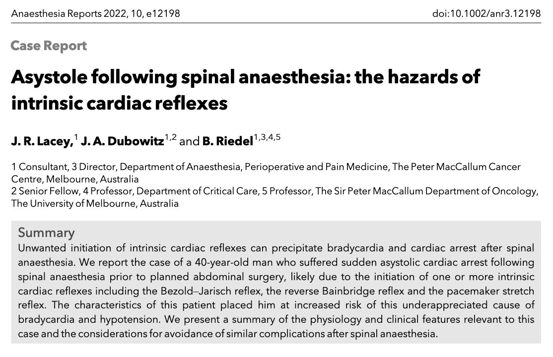 Anaes_Reports's tweet photo. Asystole following spinal anesthesia!

Read about the proposed aetiology of cardiac arrest under spinal anaesthesia and refresh your understanding of cardiac reflex mechanisms including Bezold–Jarisch, reverse Bainbridge &amp; the pacemaker stretch reflex.

🔗 https://t.co/6JcncVWG2W https://t.co/biBcRYgfY2