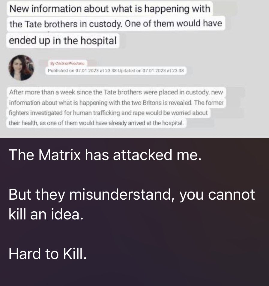 RedPilledAi's tweet photo. Pray for Tate, the matrix has attacked😰🙏 #FreeTopG #hospital #lifeindanger https://t.co/jFmVl5KWAm