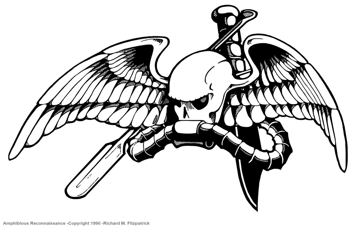 I drew this @USMC #Recon jack (of all trades) for my unit Aco 3rd Recon Bn (Hawaii). It is the most widely recognized of my military drawings and was adopted as the units official logo early 1990. #USMC #MarineRecon #ReconMarine #Scuba #Parachute #Kbar #Skull #paddle #Reconjack