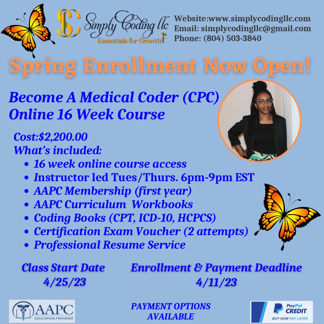 Simplycodingllc's tweet photo. Spring into a new career! Simply Coding has everything you need to get certified! Are you ready to become a certified medical coder? Enroll at https://t.co/fxQvURtIYb

#simplycodingllc #AAPC #medicalcoder #onlineclasses #healthcare #medicalbillingandcoding https://t.co/2SYDw8HQ4w